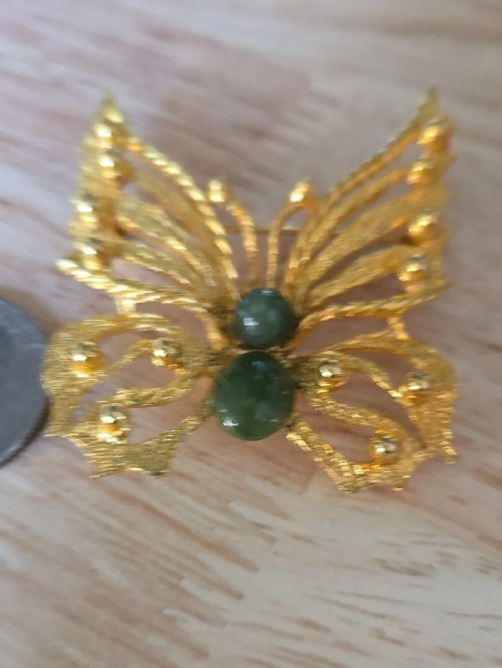 Gold-Tone Butterfly Brooch with Green Jade Accents